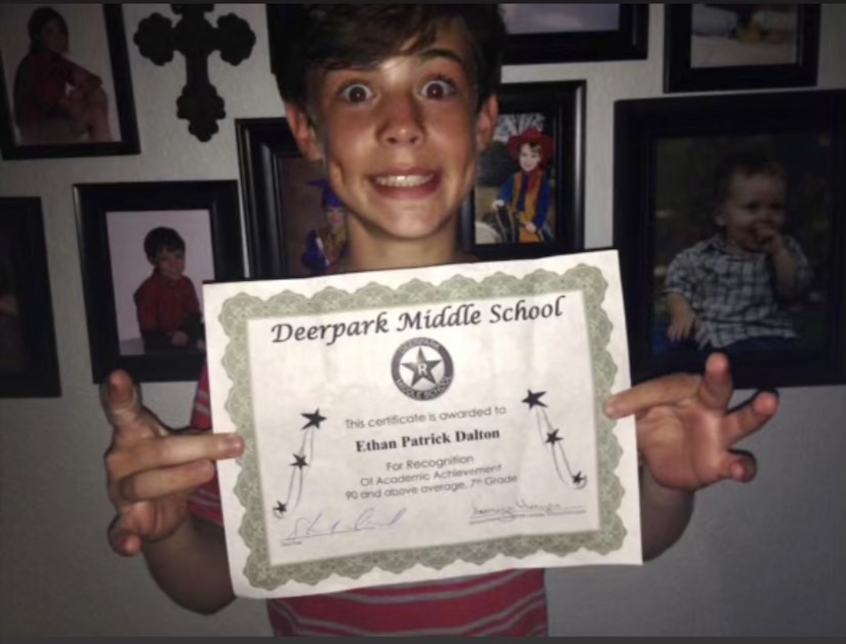 Ethan Dalton wins academic achievement award while in the seventh grade in Deerpark Middle School in 2016 in Austin.